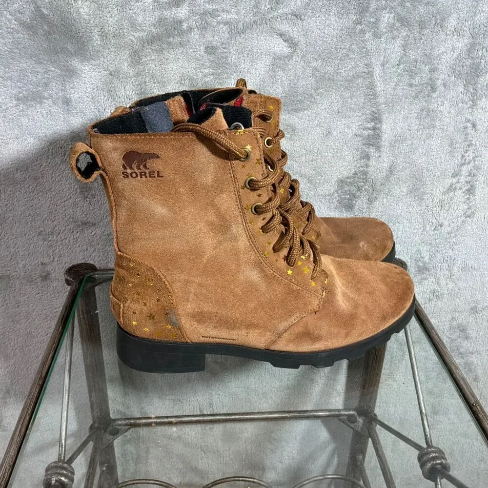 Sorel Emelie Suede Gold Star Pattern Waterproof Boots women’s size 5 lace up zip